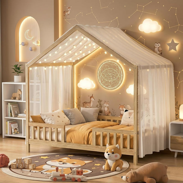 Full Montessori Floor Bed With Canopy NaturalWalnut
