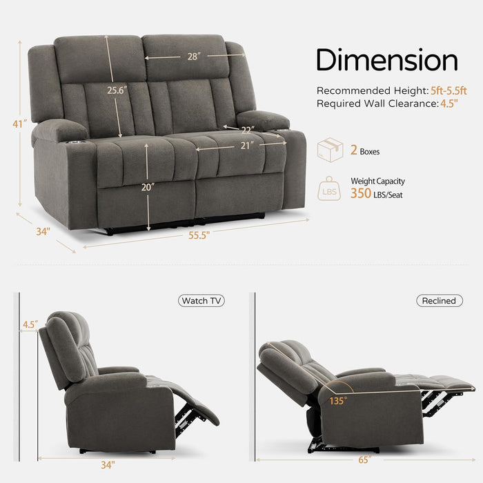 Recliner Loveseat Sofa with Cup Holders, 2-Seater Fabric Reclining Couch, Manual Recliner Wall Hugger for Living Room, Small Spaces, Home Theater (Light Brown)