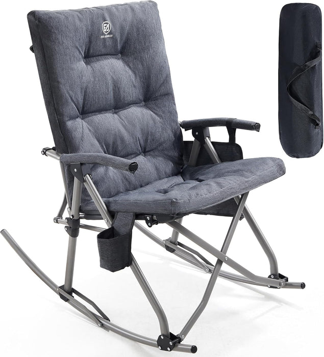 Oversized Folding Rocking Camping Chair, Padded Portable Rocker Chair for Patio, Lawn and Outdoors, Heavy Duty Hard Armchair for Adults Supports 400Lbs, Grey
