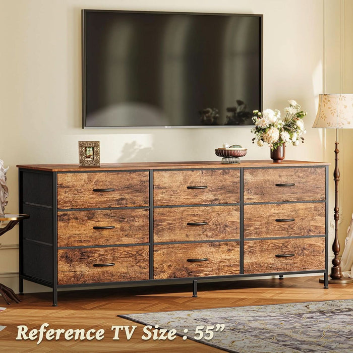 55 Inch Dresser TV Stand With 9 Fabric Drawers Rustic Brown 55 Inch Dresser TV Stand With 9 Fabric Drawers Rustic Brown