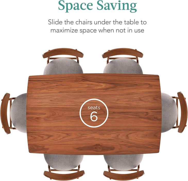 7-Piece Wooden Dining Room Table Set, Mid-Century Modern, Kitchen Table W/ 6 Chairs, Upholstered Cushions, Curved Backrests, Rounded Table Corners - Walnut/Gray