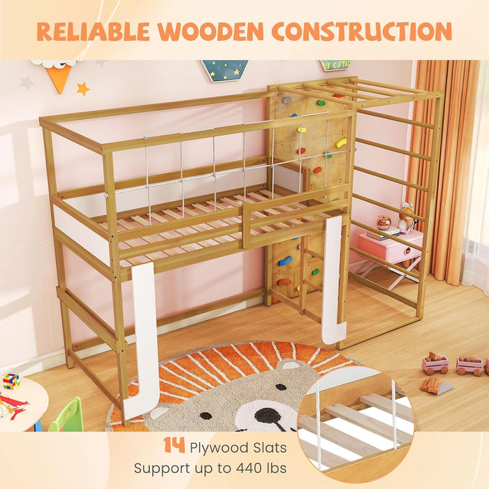 Twin Bunk Bed Jungle Gym Playhouse NaturalFinishWood