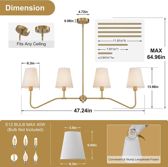 Antique Brass Gold Linear Chandeliers for Dining Room with Fabric Shades