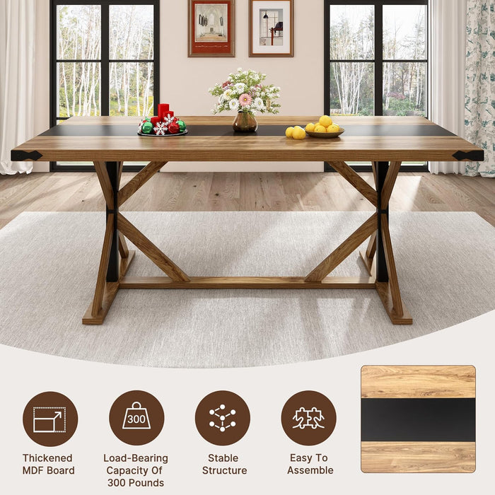 71 Inch Dining Table for 6 People, Rectangular Kitchen Farmhouse Table W/Thickness Waterproof Wood Tabletop,Long Dining Room Tables W/Wood Strip Base for Kitchen Living Room Oak