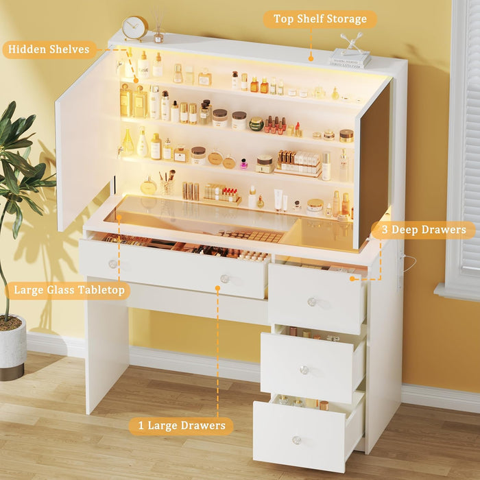 Vanity Desk with Mirror and Lights, 35.4'' Makeup Vanity with Glass Top & Power Outlet, White Vanity Table with 4 Large Drawers & 3 Hidden Storage Shelves, 3 LED Lighting Modes & Adjustable Brightness