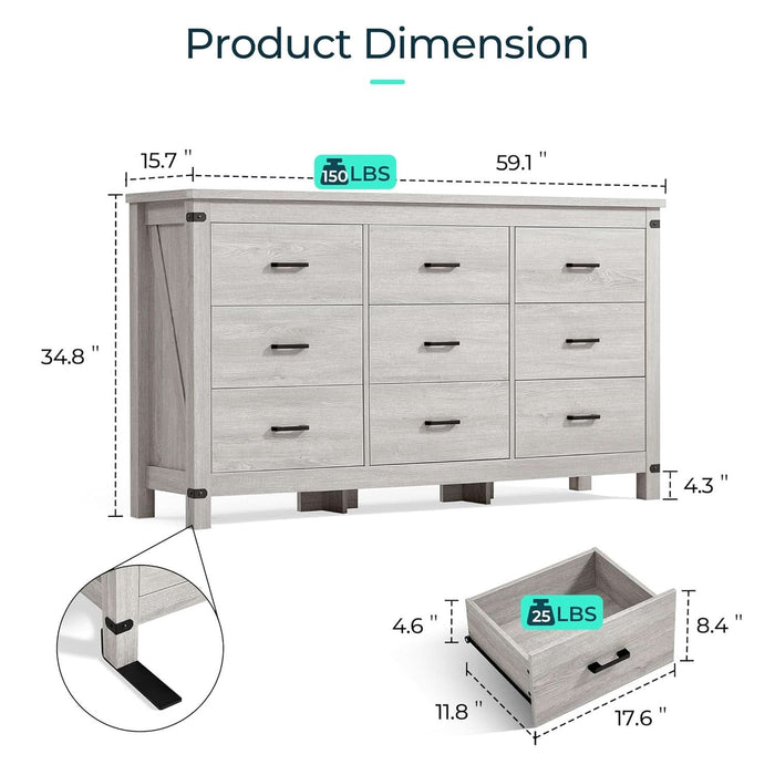 Dresser for Bedroom with 9 Drawers, 59” Wide Chest with Deep Drawer, Modern Farmhouse Dresser TV Stand with Metal Handles, Wood Storage Cabinet for Closet, Living Room, Hallway, Wash Grey
