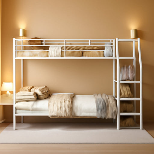 Full over Full Metal Bunk Bed with Storage Ladder and Wardrobe, Modern Iron Bunk Bed Frame with Built-In Shelves and Guardrails for Bedroom, White
