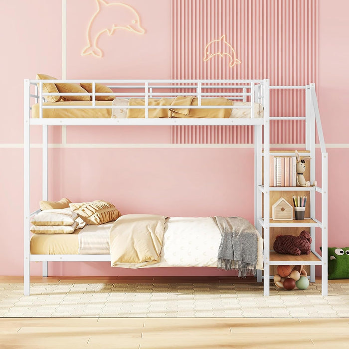 Full over Full Metal Bunk Bed with Storage Ladder and Wardrobe, Modern Iron Bunk Bed Frame with Built-In Shelves and Guardrails for Bedroom, White