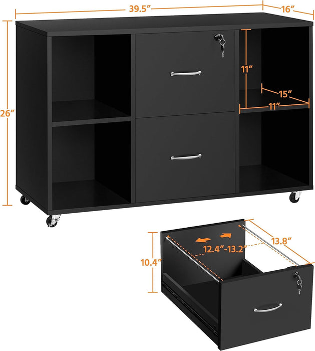 Black File Cabinet Large Mobile Storage Lateral Filing Cabinet with 2 Drawer and 4 Open Compartments,For Letter Size A4 Size, Printer Stand for Home Office, Black