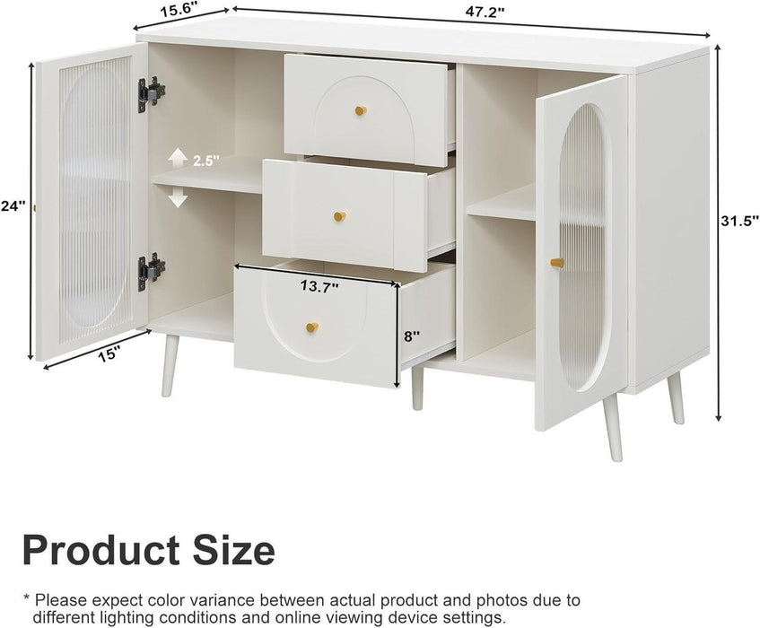 Farmhouse Buffet Cabinet with Storage and 3 Drawers, Mid-Century Modern Fluted Glass 2-Door Sideboard Cabinet, Elegant Credenza Storage Solution for Dining Room or Living Area 47.2 Inch White