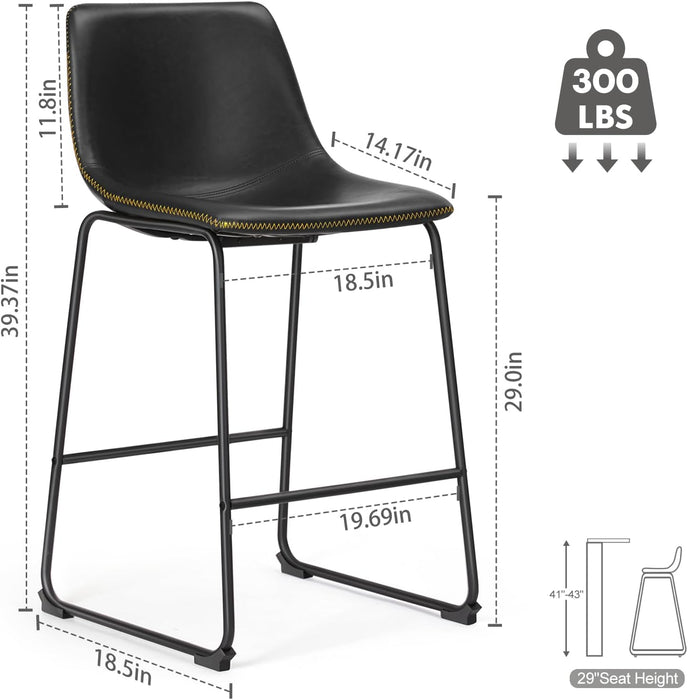 Bar Stools Set of 2, Faux Leather Barstools with Metal Legs | Counter Height 30 Inch Design, Armless with Back, Comfortable, Modern Finish, Kitchen Island, Black