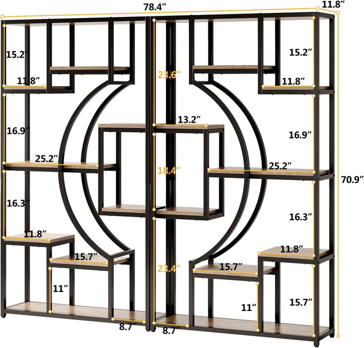 70.8" Tall Bookshelf Set of 2, 79" Wide Geometric Display Shelf with 18 Open Storage Shelves, Scratch-Resistant Gray Wash & Metal Frame, for Living Room, Office, Bedroom – Anti-Tip & Adjustable Feet