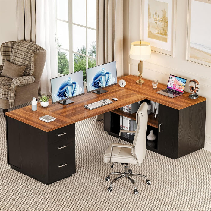 87-Inch Modern Executive Desk with File Cabinet, Large Home Office Desk with Drawers, 3-Drawer Wooden File Cabinet, Spacious Workstation for Home Office (Brown & Black)