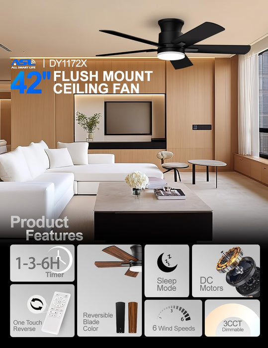 Flush Mount Ceiling Fans with Lights 42 Inch, Remote Control, 3CCT Dimmable, 6 Speeds, Noiseless Reversible DC Motor, Low Profile Hugger Black Ceiling Fan for Living Room, Patio, Indoor/Outdoor, ETL