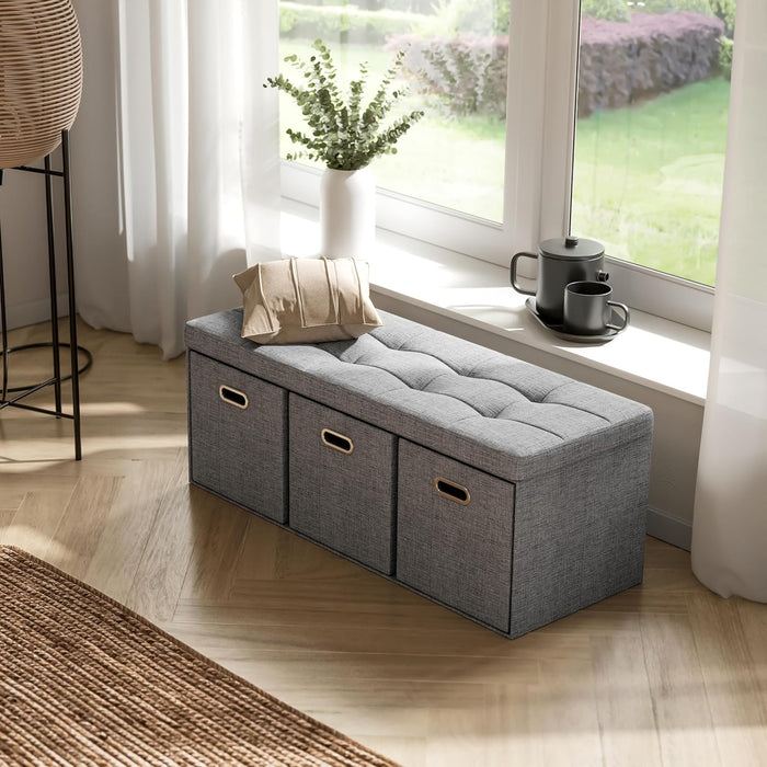 Storage Ottoman with 3 Drawers, 40 Inches Long Foldable Tufted Linen Large Bench Ottoman with Storage, Foot Rest Stool Seat, for Living Room, Bedroom, Entryway, Gray
