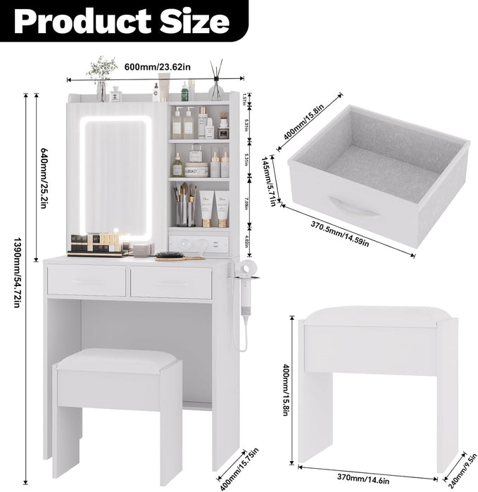 White Makeup Vanity Desk with Mirror and Lights, Vanity Table Set with Charging Station, Dressing Table with Stool, 2 Drawers, Open Shelves, Power Outlets & USB Ports, Vanity Desk with RGB Cabinets