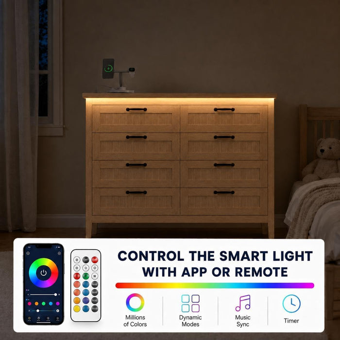 8 Drawer Chest Dresser with LED Lights and Charging Station, Smart RGB App & Remote Control, Built-In USB-A Type-C AC Outlets, Wood Storage Cabinet 44.9" Tall for Bedroom Living Room