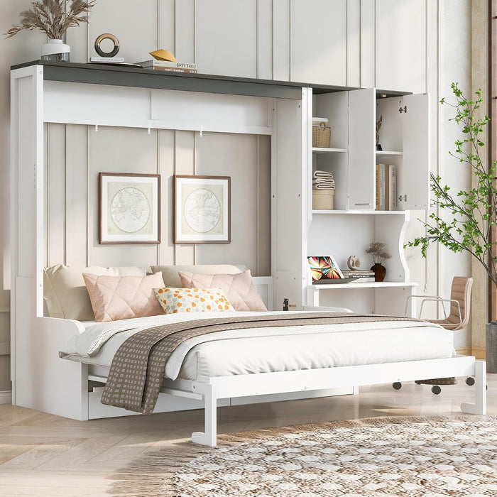 Queen Murphy Bed With Sofa Desk Storage WhiteGlossFinish