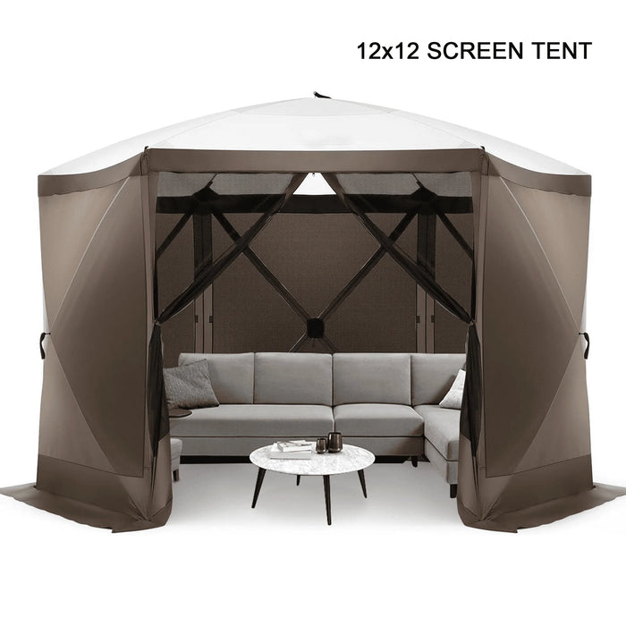 12X12Ft Pop-Up Gazebo Screen Tent Screen House with Sidewalls and Mosquito Netting for Camping, Waterproof, UV Resistant, EZ Set-Up Party Canopy with Carrying Bag and Ground Stakes, Brown