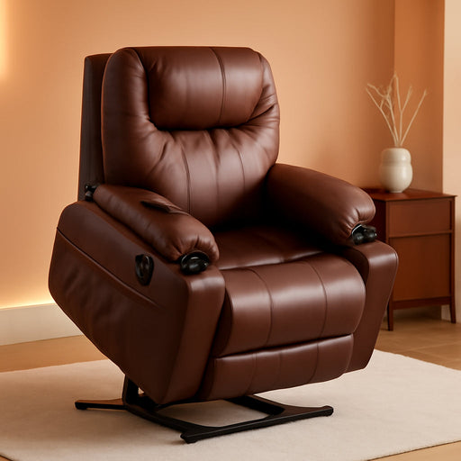 Electric Power Lift Recliner Chair Sofa with Massage and Heat for Elderly, 3 Positions, 2 Side Pockets, and Cup Holders, USB Ports, Faux Leather 7040 (Dark Brown, Medium)