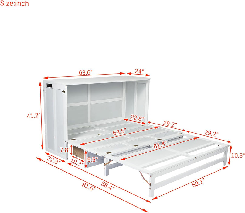 Queen Murphy Bed with Storage Drawer and Charging Station, Cabinet Bed, Farmhouse Murphy Cabinet with Foldable Panel, Noisy Free, for Guest Bedroom, Living Room, White+White Panel