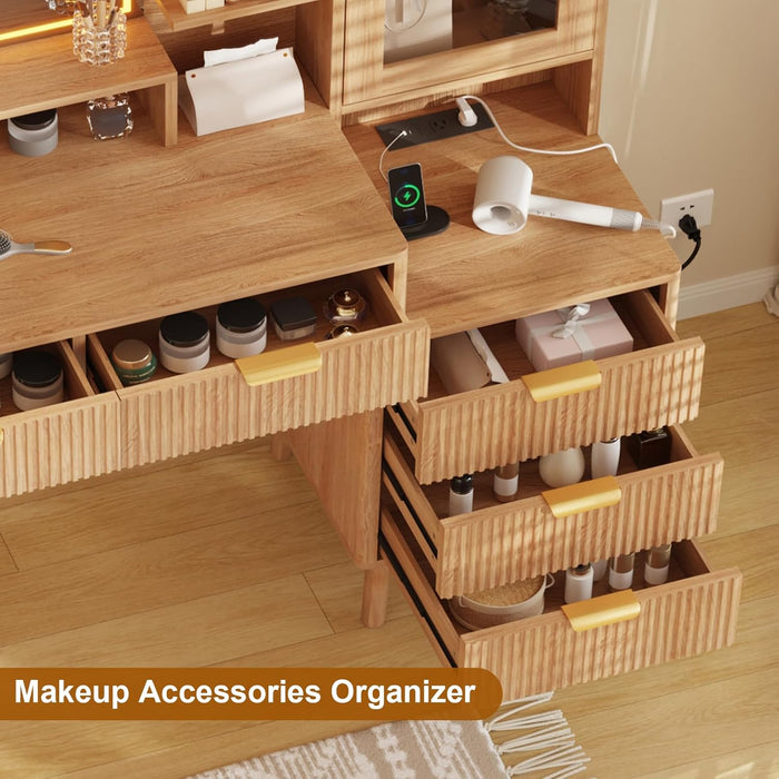 Vanity Desk with LED Lights Mirror & Power Outlet, Big Modern Fluted Vanity Desk with 24 in Hd Lighted Mirror, 5 Drawers and Storage Shelf, Dressing Table for Women Girls