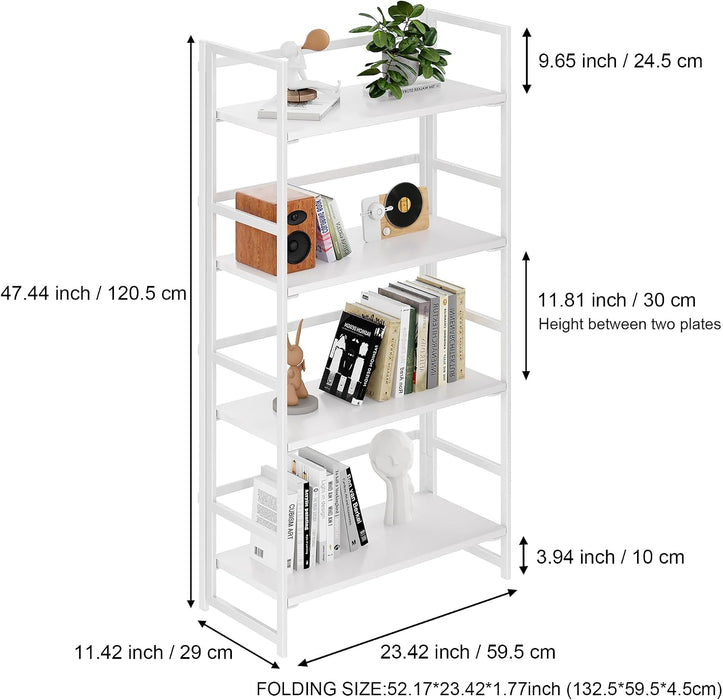 Vintage Multifunctional Folding Bookshelf, No-Assembly Plant Stand Storage Rack Shelves for Home Office (All White, 4-Tier)