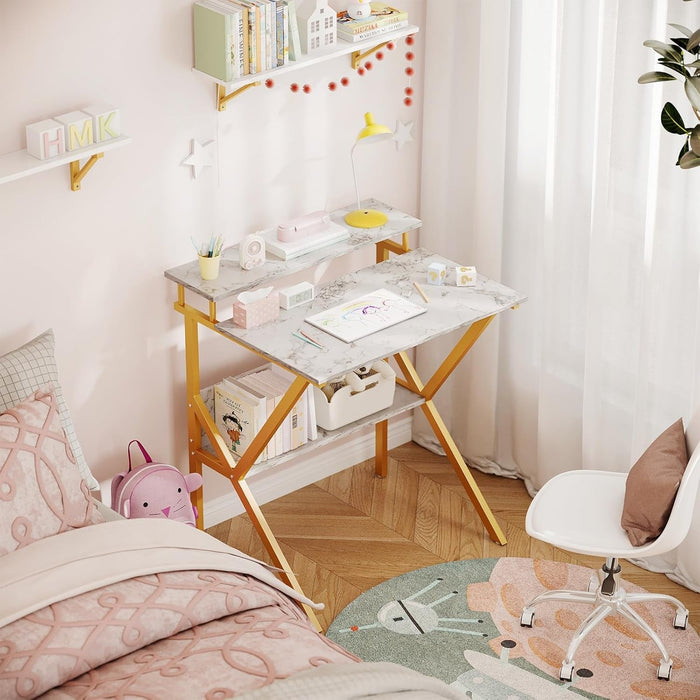 Small Desk, 27.5 Inch Small Computer Desk for Small Spaces, Compact Desk with Storage, Tiny Desk Study Desk with Monitor Stand for Home Office, White Marble + Gold Leg