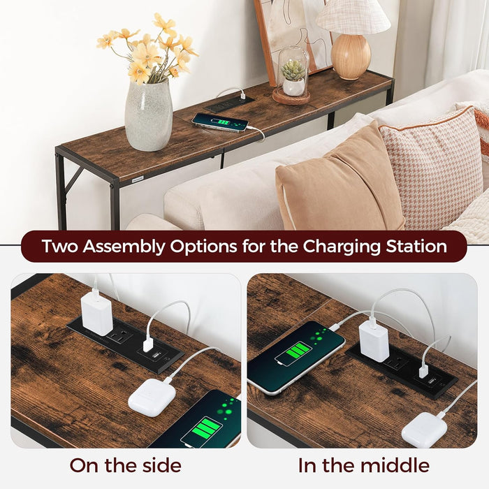 Console Table, Narrow Sofa Table, 43.3” Entrance Table with Power Station, behind Couch Table, Simple Style, for Living Room, Hallway, Entryway, Foyer, Rustic Brown and Black CTHR112E01