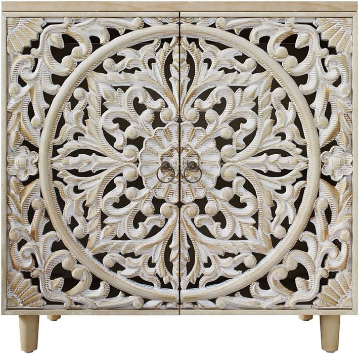 Handcrafted Oak Wood Cabinet With Floral Embellishments