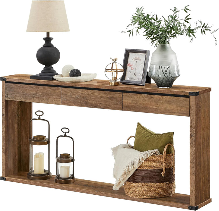 LIRY Collection - Sofa Console Table, 63 Inches Narrow Entryway Table with 3 Drawers, Bottom Shelf, Metal Corners, for Living Room, Bedroom, Farmhouse Style, Honey Brown ULNT146KB01S