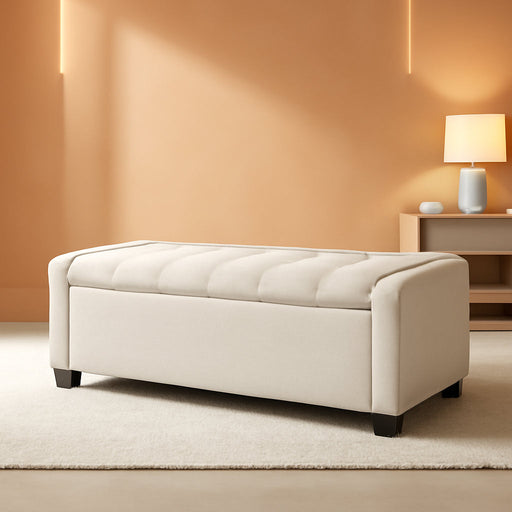 48" Ottoman with Storage, Storage Ottoman Bench with Safety Hinge, Upholstered Entryway Bench with Seating for Bedroom, Living Room, Holds up to 330 Lb, Beige
