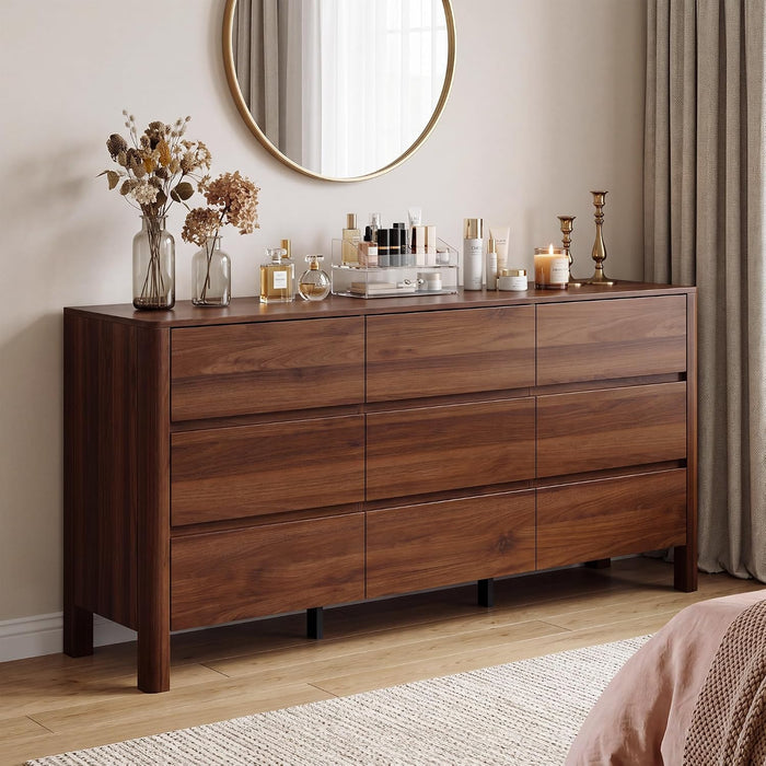 Walnut Dresser for Bedroom, 63" Mid-Century 9 Drawer Dresser with Wide Drawers and Wood Legs, Curved Edge Design, Modern Large Dressers & Chests of Drawers for Bedroom, Hallway.