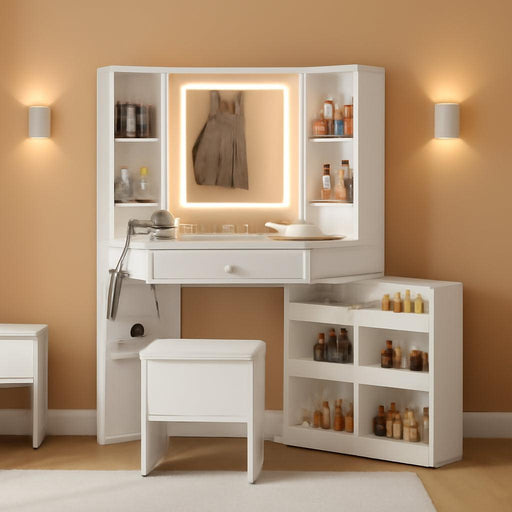 Vanity Desk with Mirror Lights, Storage Bench & Power Outlet, Corner Vanities with Rotating Cabinet & Drawers, 42.5" L Shaped Vanity Set, 3 Light Settings, for Women Girls, Modern White