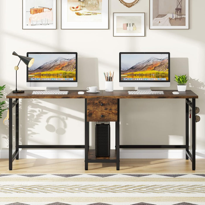 79" Double Desk, Two Person Desk with Storage Drawer, Long Desk Home Office Desks for 2 Person, Rustic Brown