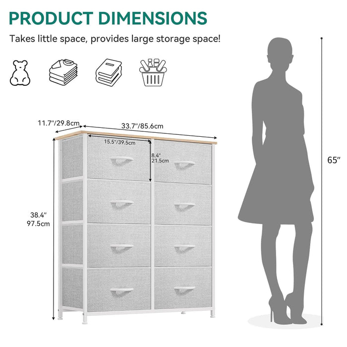 Dresser for Bedroom, Fabric 8 Drawers, Tall Dresser with Fabric Bins, Storage Tower Unit, Chest of Drawers for Living Room, Hallway, Closets