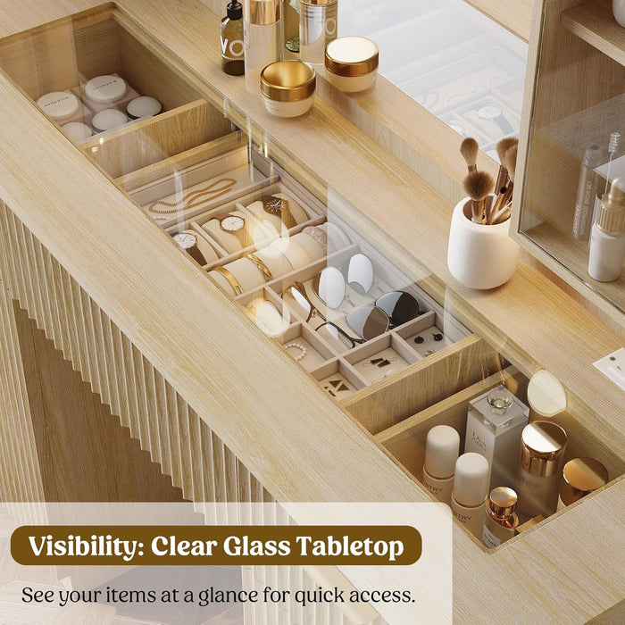 Fluted Makeup Vanity Desk with Mirror and Lights, Glass Top 48" Wood Vanities W/Charging Station , Dressing Table W/3 Drawers & 2 Large Storage Cabinets, Dustproof Organizer for Bedroom Gift(Natural)