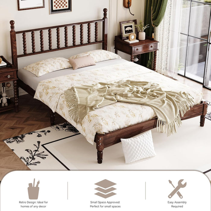 Walnut Wood Bed Frame Queen Size with Spindle Headboard, Queen Platform Bed with Wooden Slat Support, Retro Style Spindle Beds for Boys Girls Kids Adults Toddler, Easy Assembly