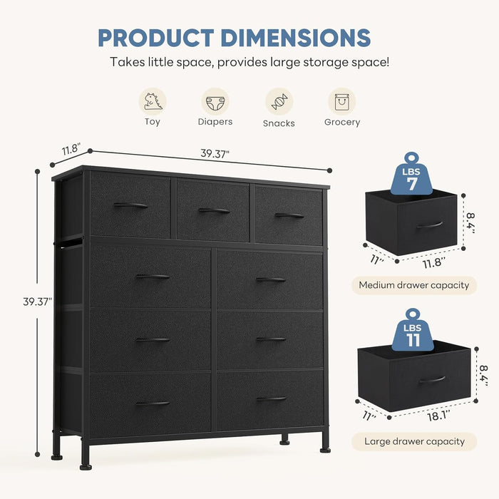 9 Drawer Dresser for Bedroom, Fabric Storage Organizer with Sturdy Metal Frame, Wooden Top Chest of Drawers for Closet Entryway Guest Room,Matte Black