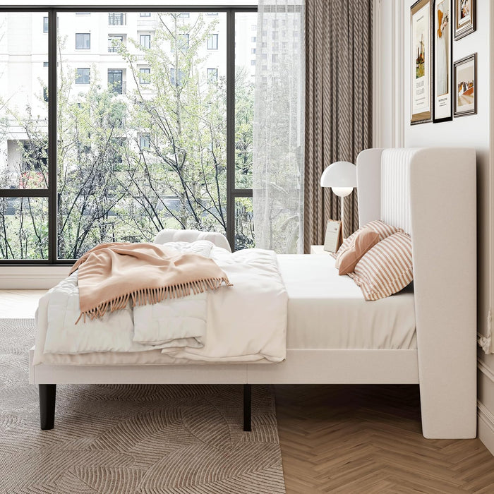 Full Size Velvet Bed Frame with Vertical Channel Tufted Wingback Headboard, Upholstered Platform Bed with Wood Slats, No Box Spring Needed, Easy Assembly, White