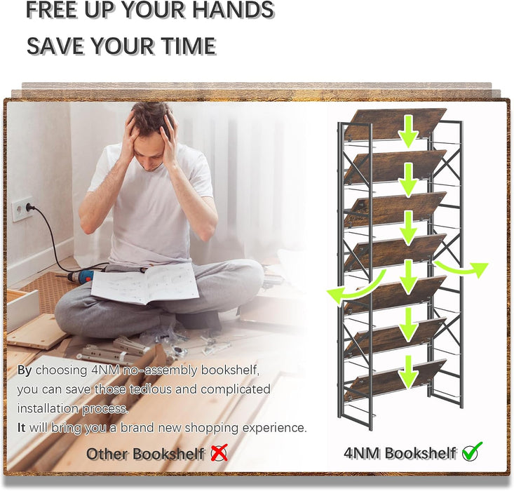 7 Tiers No Assembly Book Shelves, 72.4" H Folding Bookshelf Bookcase Open Industrial Foldable Shelves for Bedroom, Living Room, Home Office - Rustic Brown Black