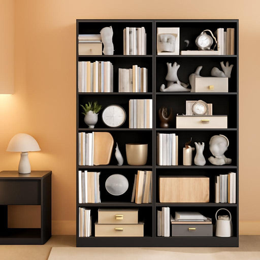 Bookshelf and Bookcase, 6-Tier Double Wide Bookshelves, Freestanding Display Storage Shelves, Tall Bookcases for Home Decor Bedroom, Living Room, Home Office,Black