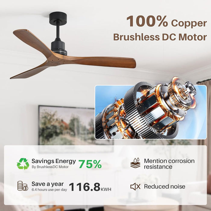 Wood Ceiling Fan No Light, Walnut, 52" Ceiling Fan without Light, Flush Mount, Modern Solid Wood 3 Blade Ceiling Fans with Remote for Indoor Farmhouse Bedroom Living Room Outdoor Patio Porch