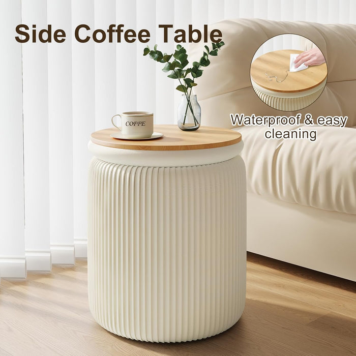 Round Ottoman with Storage Set of 2, White Vanity Stool, Upholstered Velvet Storage Ottomans, Makeup Chair Seat for Bedroom, Small Pouf Footstool for Living Room