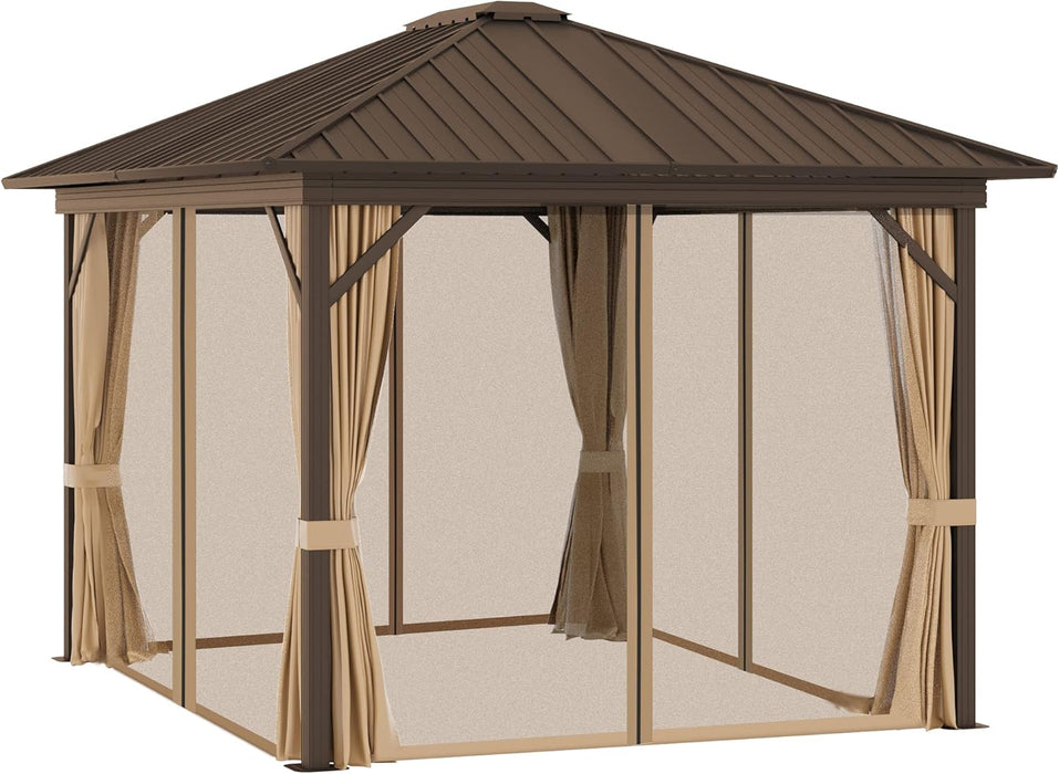 10' X 12' Hardtop Gazebo Canopy with Galvanized Steel Roof, Aluminum Frame, Permanent Pavilion with Top Hook, Netting and Curtains for Patio, Garden, Backyard, Deck, Lawn, Brown