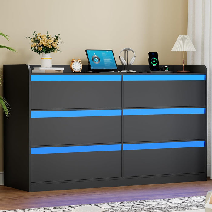 47.2" Modern Black Dresser with Power Outlet and LED Lights