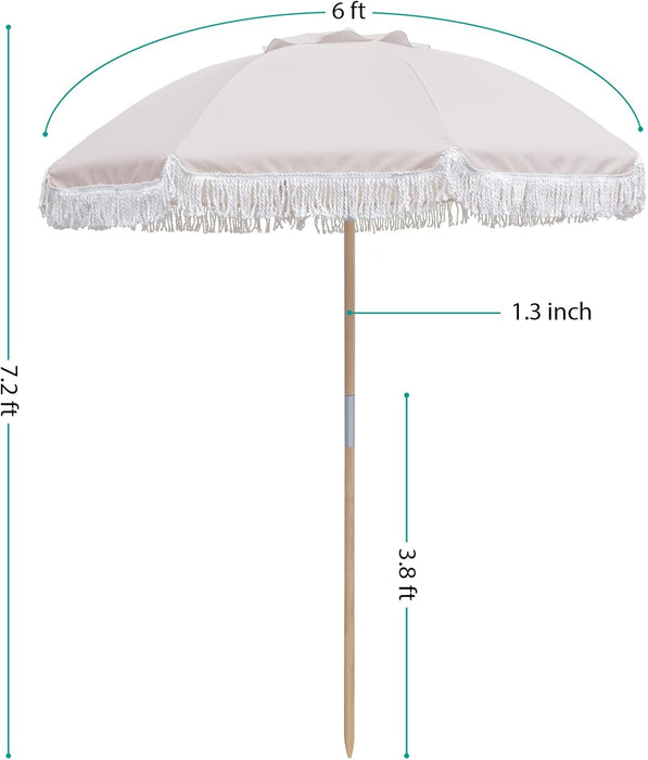 Boho Patio Umbrella, 6FT Beach Umbrella with Fringe, Wooden Pole