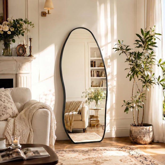 Irregular Full Length Mirror -Black Decor Floor Mirror with Stand 63"X 24"