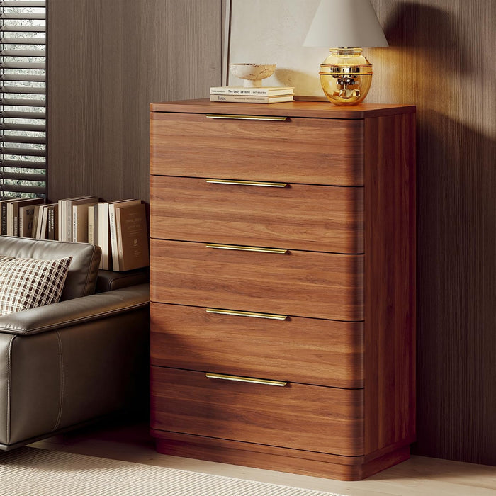 5 Drawer Dresser for Bedroom, 45" Tall Modern Chest of Drawers with Metal Handle, Curved Profile Design, Wooden Closet with Large Drawers Dressers Organizer for Entryway Hallway
