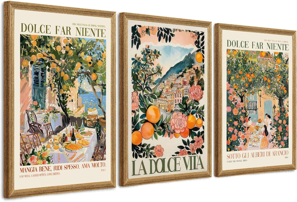 Triptych Dolce Far Niente Framed Cnavas Wall Art 20X30 Inches X3 | Wooden Frame, Uv-Resistant Ink, Giclée Printing Process, Pre-Installed Hooks Make It Easy to Hang Home or Office Wall Decor
